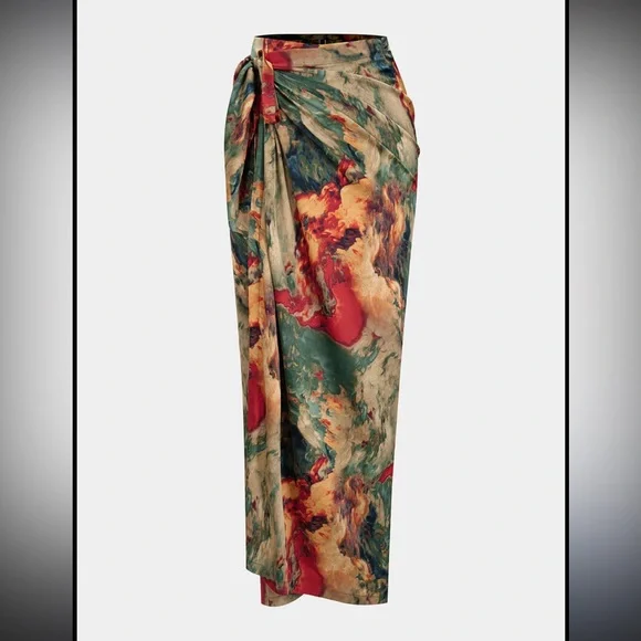 Micas Satin Front Tie Skirt Multicolor Size XS Maxi Abstract Marble Sarong - Picture 2 of 6